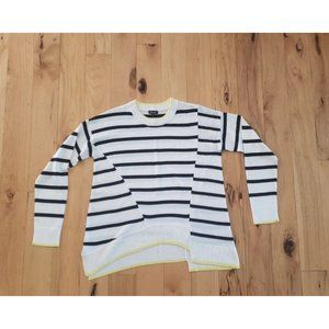 Splendid Navy Striped Asymmetrical Hem Pullover Sweater Yellow Trim Women S